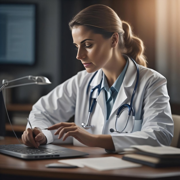 Een vrouw in een witte laboratoriumjas zit aan een bureau en schrijft op een toetsenbord.