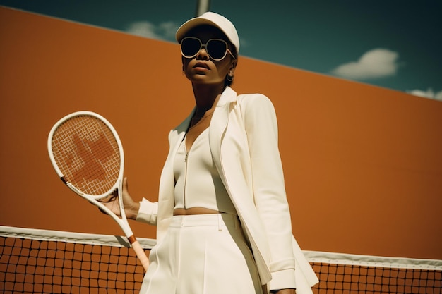 Een vrouw in een witte outfit houdt een tennisracket voor een oranje muur.