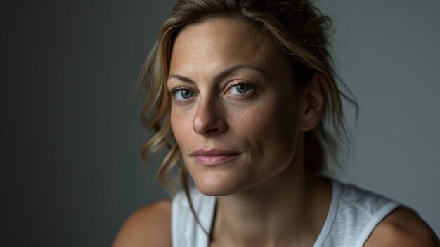 Een vrouw in een witte tanktop die naar de camera kijkt