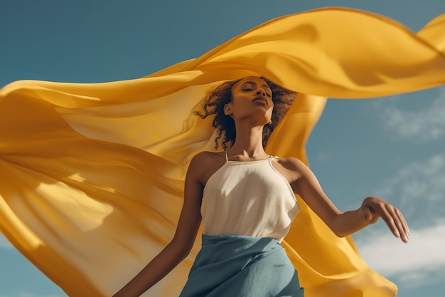 Een vrouw in een witte top en blauwe rok staat in de wind met een gele stof die in de wind waait.