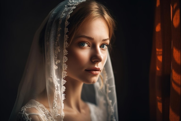 Een vrouw in een witte trouwjurk kijkt in de camera.