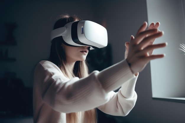 Een vrouw in een witte trui gebruikt een virtual reality-headset.