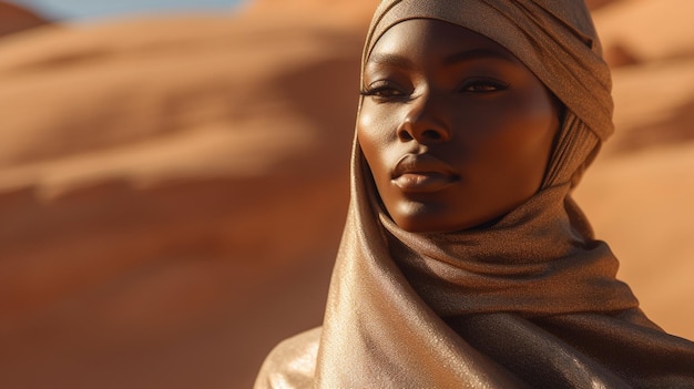 Een vrouw in een woestijn die een sjaal draagt