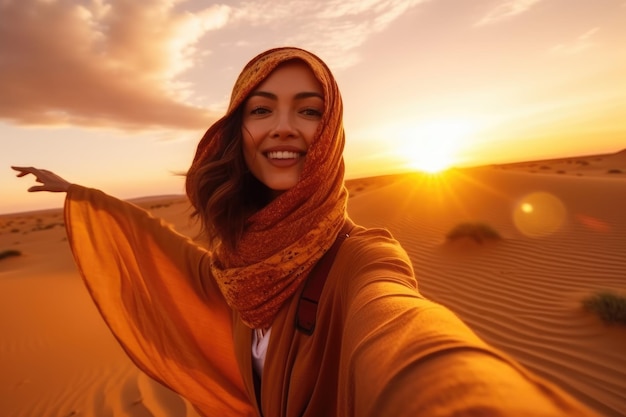 Foto een vrouw in een woestijn die een sjaal draagt