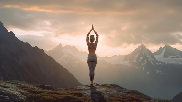 Een vrouw in een yogahouding op een bergtop