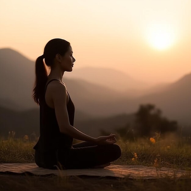 een vrouw in een yogahouding voor een berg met de zon achter haar.