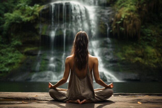 een vrouw in een yogahouding voor een waterval.