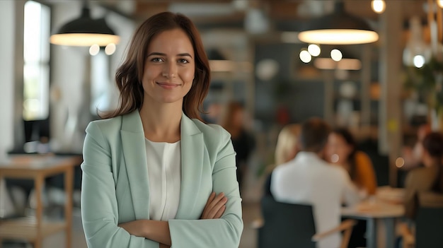 Een vrouw in een zakelijk pak die in een kantoor staat