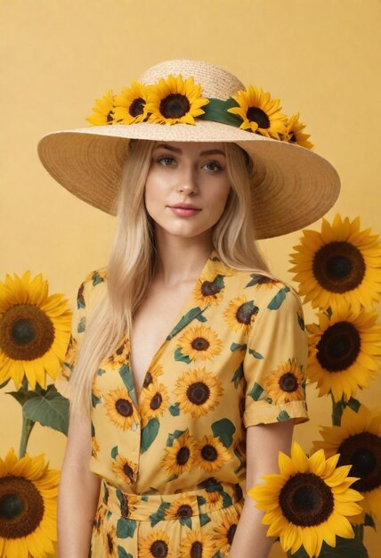 een vrouw in een zonnebloemhoed met een geel shirt en een hoed