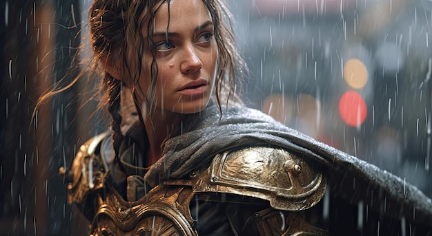 Een vrouw in een zware regenbui met het woord oorlog op haar borst