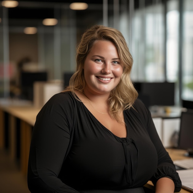 een vrouw in een zwart shirt, zittend aan een bureau