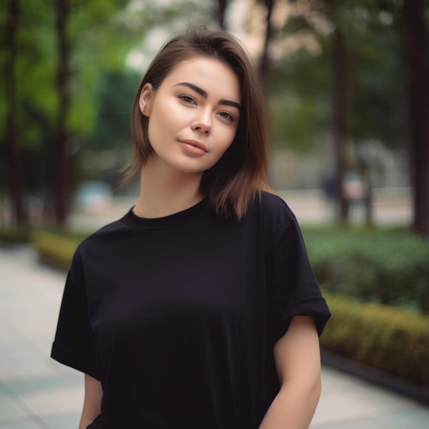 Een vrouw in een zwart t-shirt staat op de stoep.