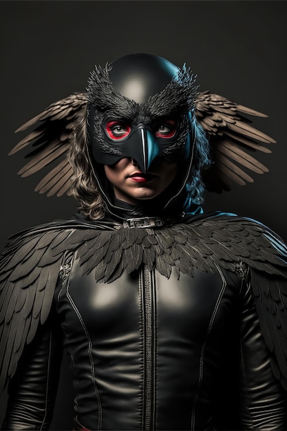 Een vrouw in een zwart uilenkostuum met een grote zwarte snavel en rode ogen.