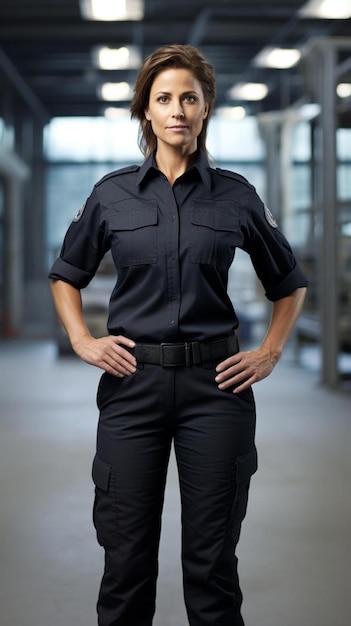 een vrouw in een zwart uniform poseert voor een foto