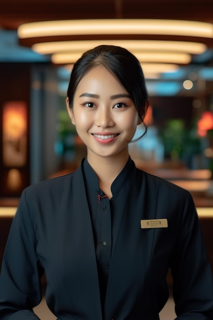 Een vrouw in een zwart uniform staat voor een bar met een gouden naamplaatje