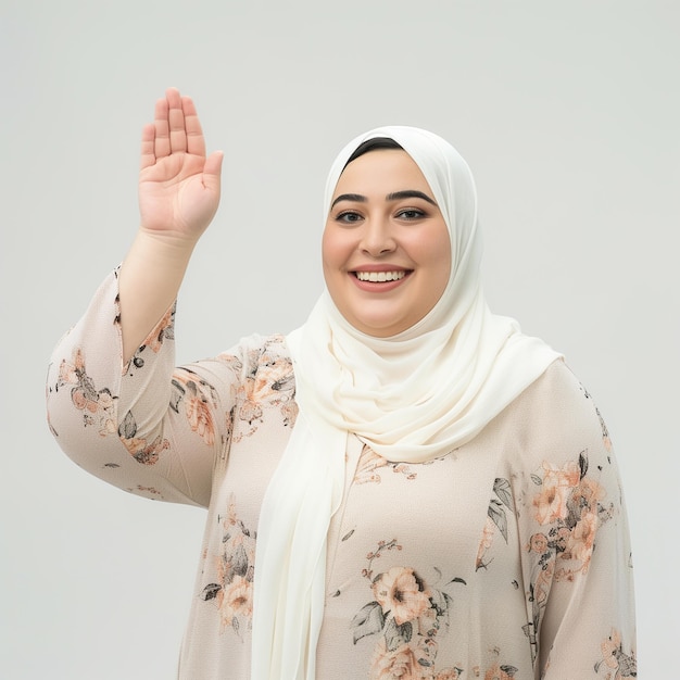 een vrouw in een zwarte hijab die met haar hand in de lucht zwaait