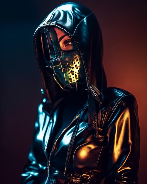 Een vrouw in een zwarte hoodie met een masker op haar gezicht