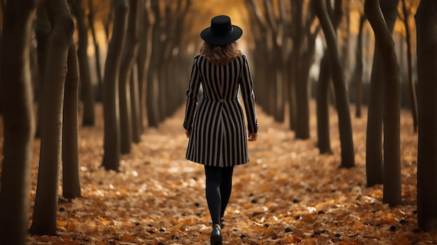 een vrouw in een zwarte jas hoed en gestreepte panty's lopen door bladeren Beauty mode collectie