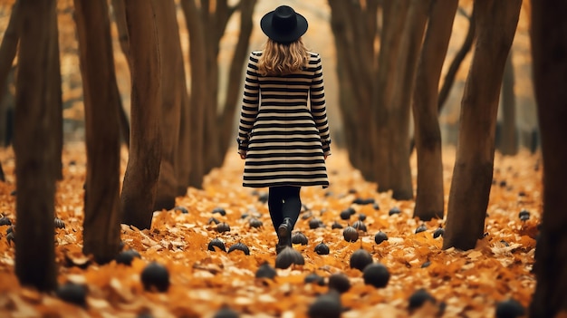 een vrouw in een zwarte jas hoed en gestreepte panty's lopen door bladeren Beauty mode collectie