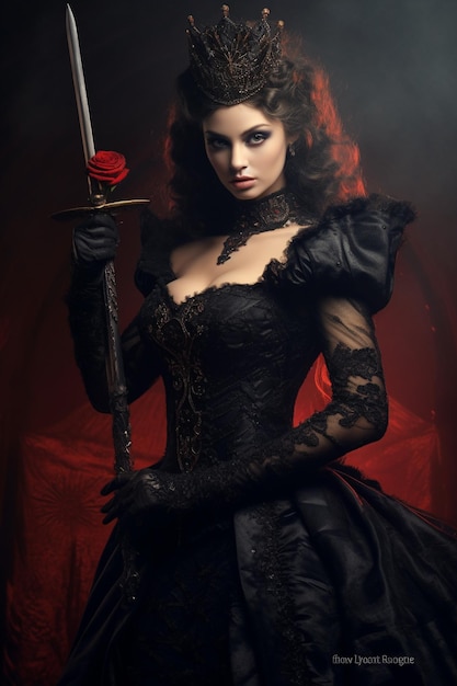 een vrouw in een zwarte jurk met een zwaard en een rode roos