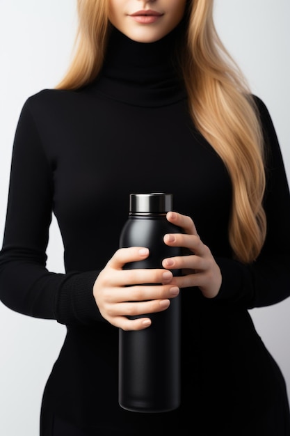 Foto een vrouw in een zwarte jurk met een zwarte fles een veelzijdig beeld dat voor verschillende doeleinden kan worden gebruikt