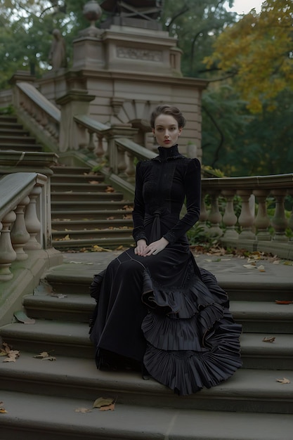 Een vrouw in een zwarte jurk staat op een trap.