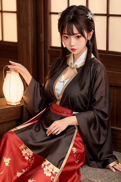 Een vrouw in een zwarte kimono met het woord hanfu op de voorkant