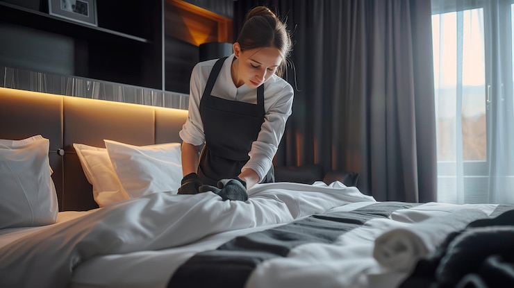 Foto een vrouw in een zwarte schort maakt een bed.