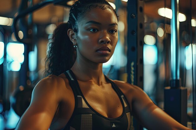 Een vrouw in een zwarte sport bh top in een sportschool