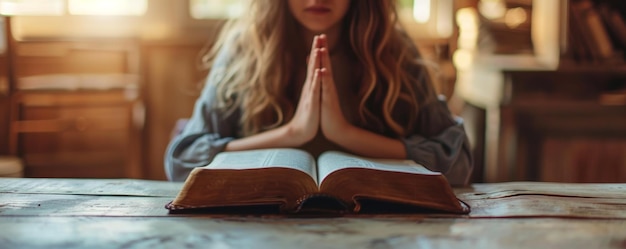 Foto een vrouw in gebed met een bijbel op tafel