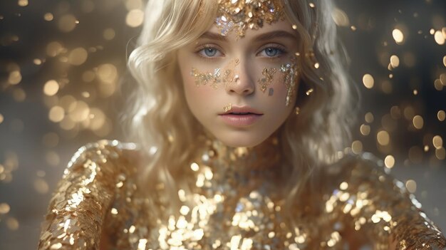 Een vrouw in gouden glitter met een blauw oog en een gouden glittergezicht