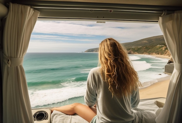 een vrouw in haar camper die het prachtige uitzicht op het strand observeert