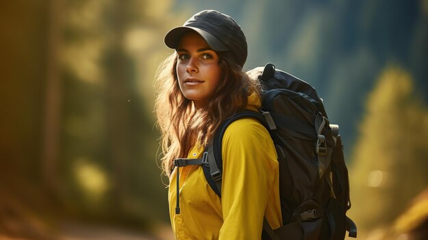 Een vrouw in heldere sportkleding en sneakers die buiten fitness doet, actieve joggen doet met een heldere rugzak op hun rug in een zomerpark, een voorbeeld van stedelijke fitness trekking