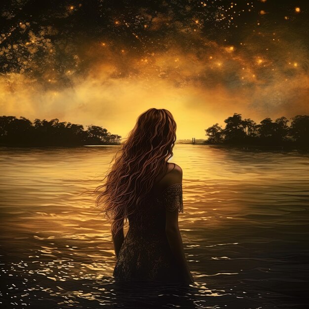 een vrouw in het water met de zon achter haar