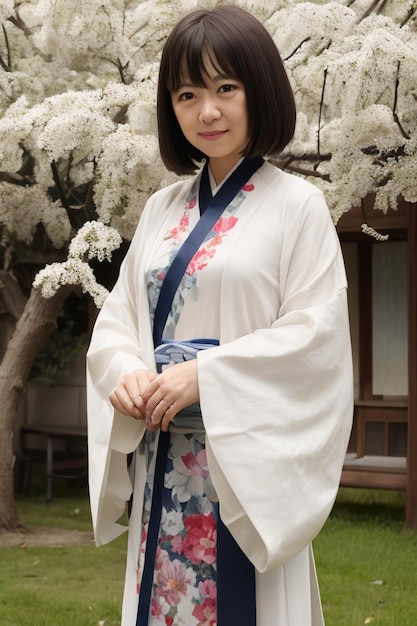 Een vrouw in kimono staat voor een boom met bloemen erop.