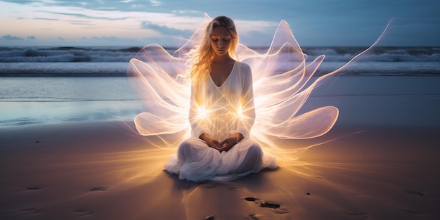 Foto een vrouw in lotus poseert op het strand, de zee of de oceaankust en beoefent yoga, meditatie en mindfulness