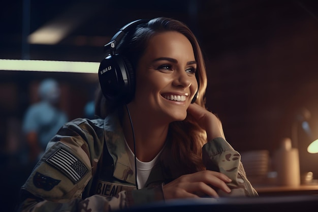 Een vrouw in militair uniform met een koptelefoon op