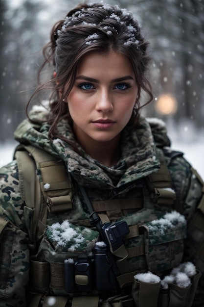 Een vrouw in militair uniform met een pistool in de sneeuw.