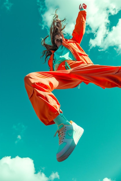 Een vrouw in oranje springt in de lucht.