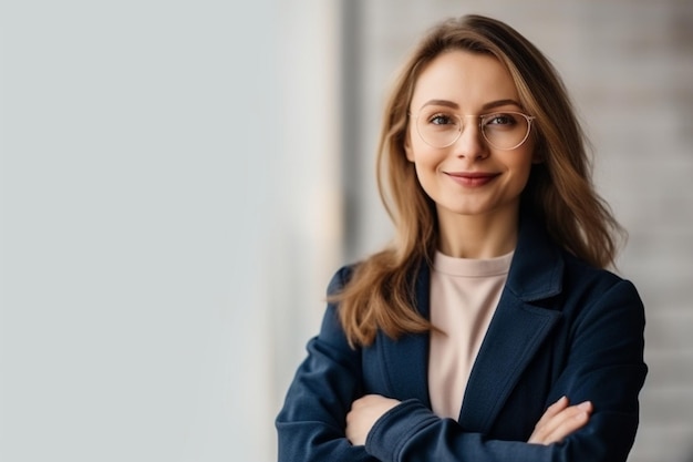 Een vrouw in pak met bril staat voor een muur waarop staat 'ik ben een baas'