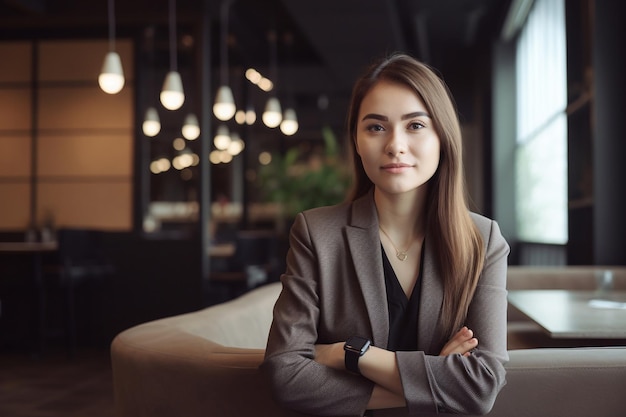 Een vrouw in pak staat in een restaurant met haar armen over elkaar.