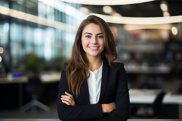 Een vrouw in pak staat voor een bureau met haar armen over elkaar.