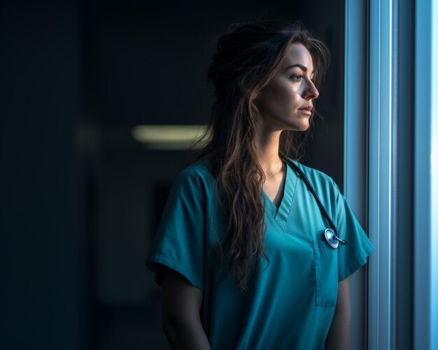 een vrouw in scrubs die uit een raam kijkt