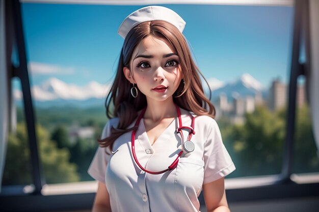 Een vrouw in verpleegstersuniform staat voor een berg.