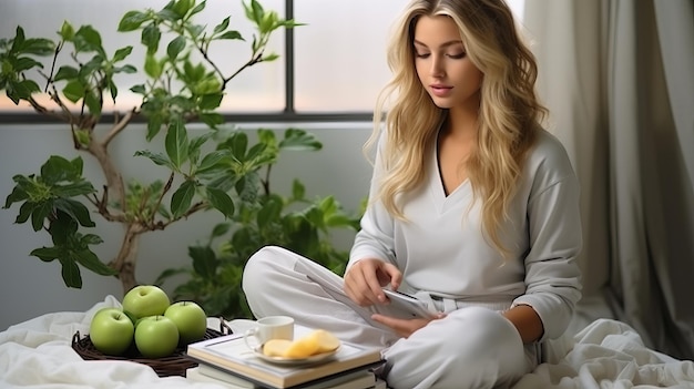 Een vrouw in witte pyjama en een lichte kamer drinkt koffie of thee en ontbijt in een rustige sfeer