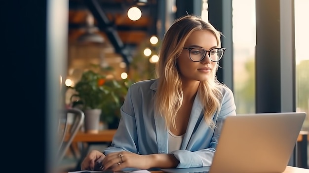 een vrouw in zakelijke kleding zit achter een laptop in een helder kantoor met glazen ramen