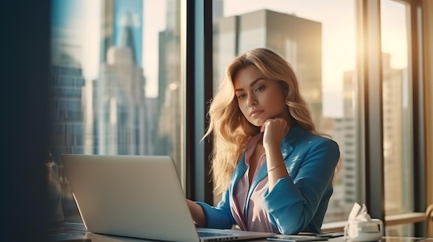 een vrouw in zakelijke kleding zit achter een laptop in een helder kantoor met glazen ramen