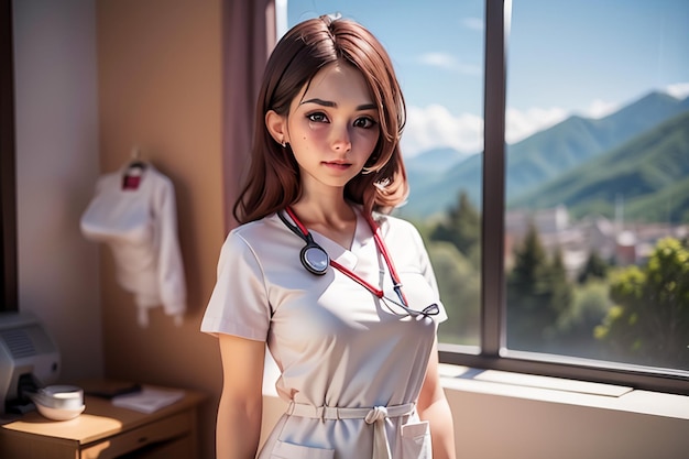 Een vrouw in ziekenhuisuniform staat voor een raam met bergen op de achtergrond.