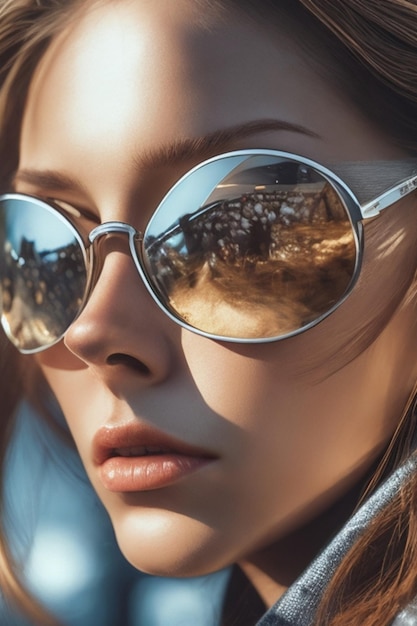 een vrouw in zonnebril met een weerspiegeling van een brug op de achtergrond