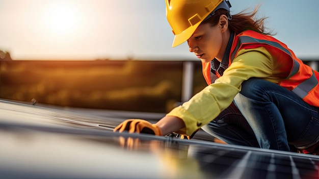 Een vrouw ingenieur elektricien die een hand gebruikt om zonnepanelen op het dak te controleren schone energie macht natuur fotovoltaïsche systemen de energie geproduceerd door de zon Energie duurzaam concept Generatieve Ai